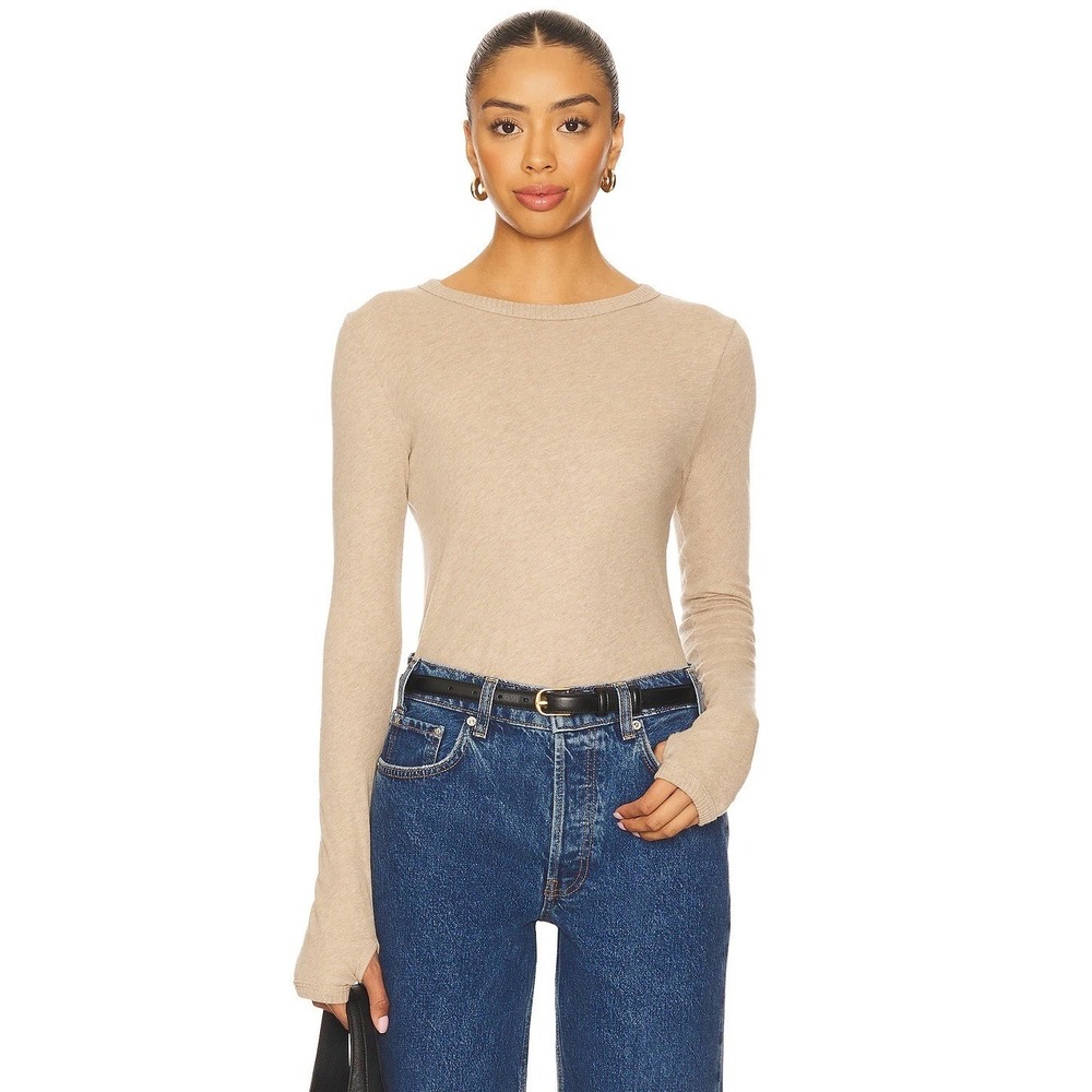 ENZA COSTA Cashmere New Classic Long Sleeve Crew Top Women XS Khaki Tan Tee NEW